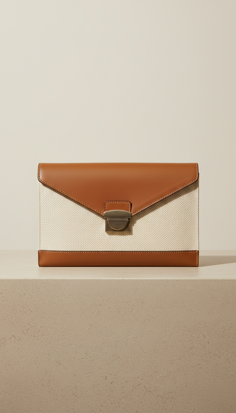 Pochette enveloppe cuir et toile ivoire