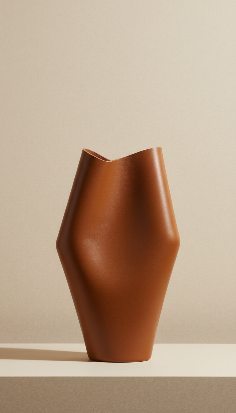 Vase sculptural en cuir marron