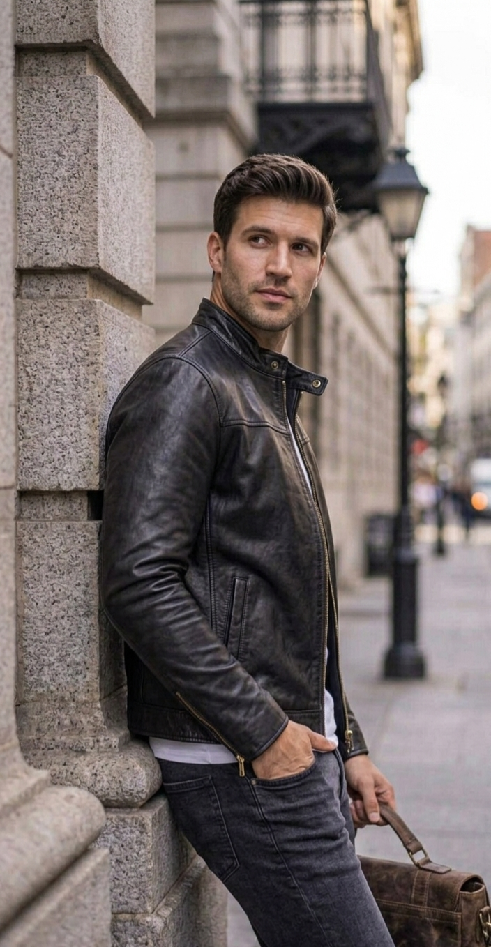 Handmade Black Leather Trucker Jacket | Vintage Moto Style, Snap Buttons